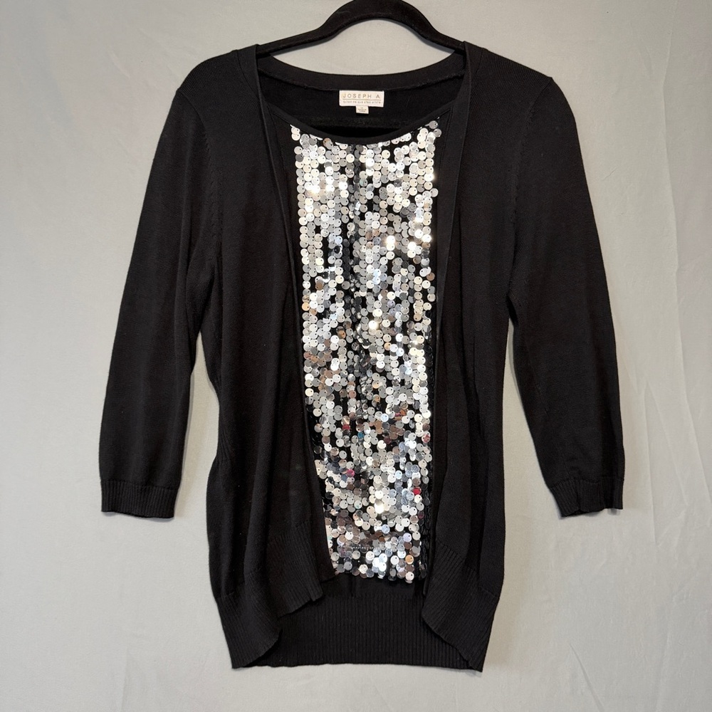 Joseph A Womens Sequins Panel Cardigan Size Medium Black Party Event Office